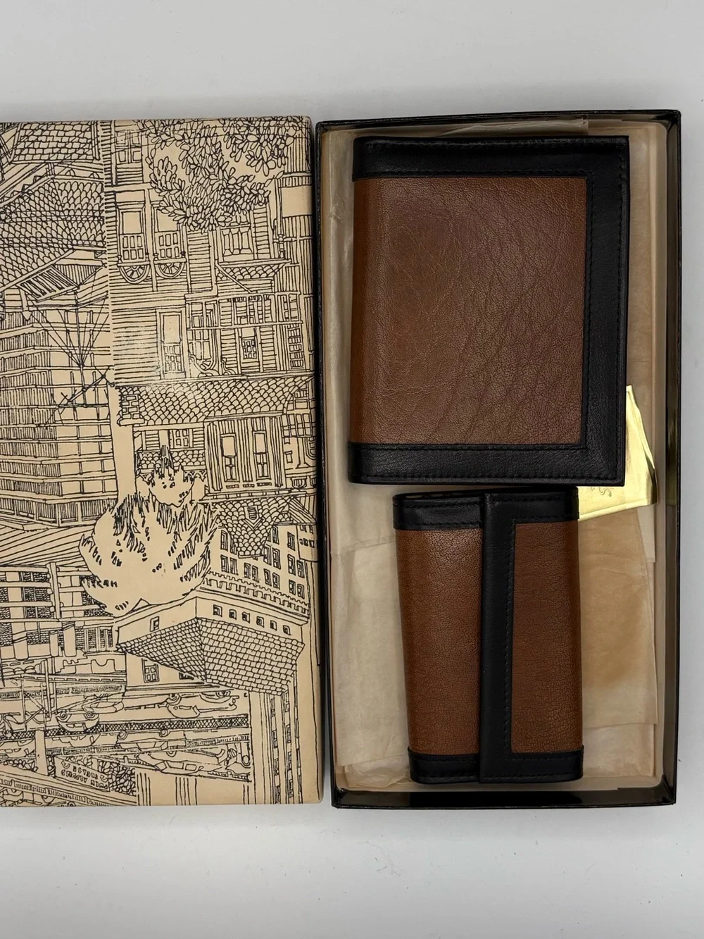 Vtg Don Loper Men’s  Brown Leather Wallet & Key Holder Gift Set USA 1960s Retro